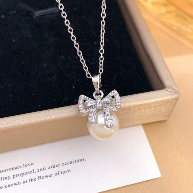 Elegant full diamond bow butterfly pearl inlaid pendant stainless steel chain necklace