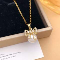Elegant full diamond bow butterfly pearl inlaid pendant stainless steel chain necklace