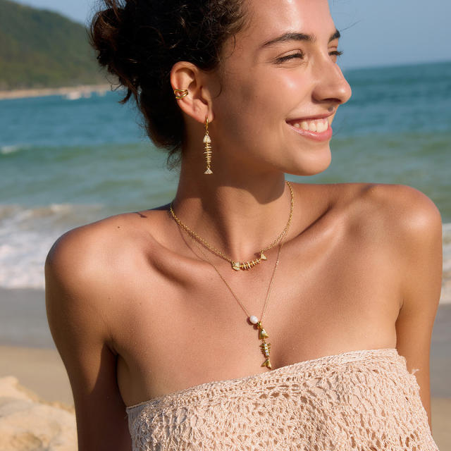 Summer holiday beach design fishbone pendant stainless steel necklace earrings set