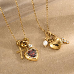 Elegant diamond heart multi pendant stainless steel necklace
