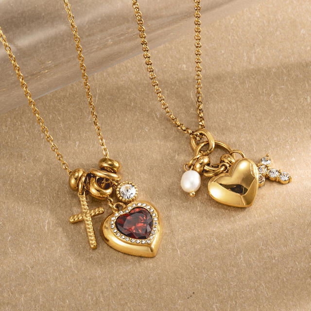 Elegant diamond heart multi pendant stainless steel necklace