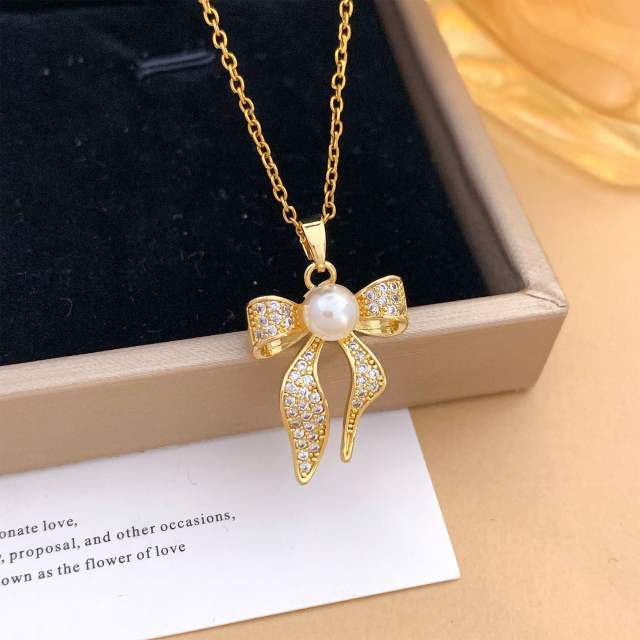 Elegant full diamond bow butterfly pearl inlaid pendant stainless steel chain necklace