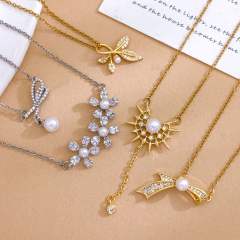 Delicate diamond flower sweet bow pearl drop stainless steel necklace