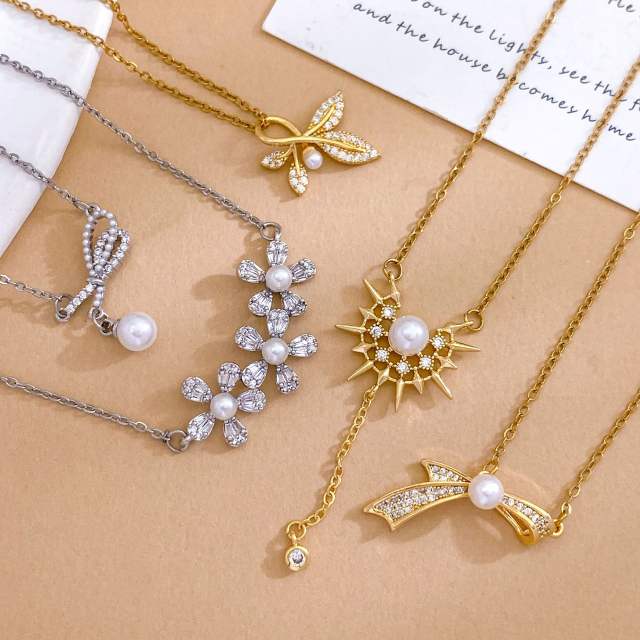 Delicate diamond flower sweet bow pearl drop stainless steel necklace