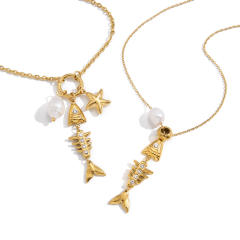 Summer holiday beach design fishbone pendant stainless steel necklace earrings set