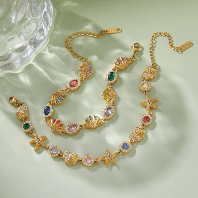 Summer colorful crystal inlaid diamond shell starfish stainless steel bracelet