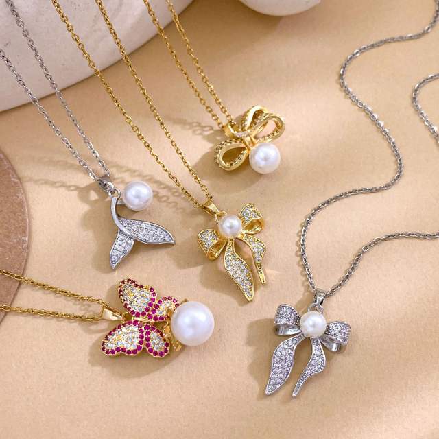 Elegant full diamond bow butterfly pearl inlaid pendant stainless steel chain necklace