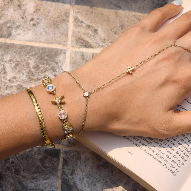 Summer colorful crystal inlaid diamond shell starfish stainless steel bracelet
