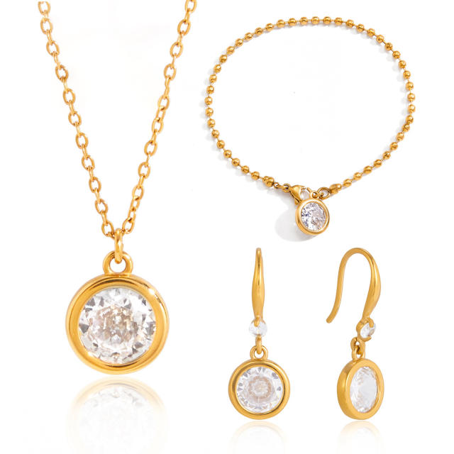Easy match round diamond stainless steel necklace bracelet set dainty necklace earrings set