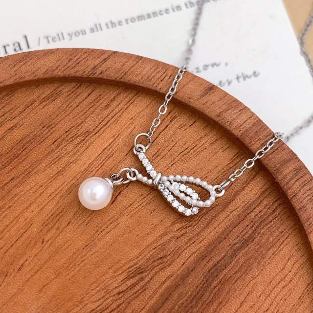 Delicate diamond flower sweet bow pearl drop stainless steel necklace