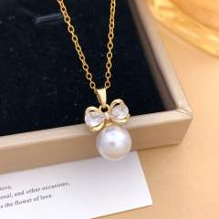 Elegant full diamond bow butterfly pearl inlaid pendant stainless steel chain necklace