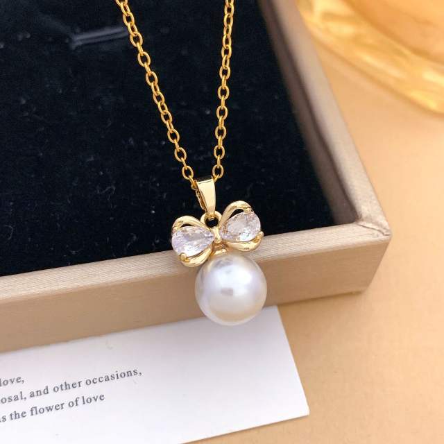 Elegant full diamond bow butterfly pearl inlaid pendant stainless steel chain necklace