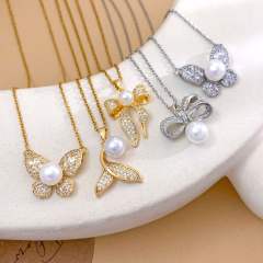 Elegant full diamond bow butterfly pearl inlaid pendant stainless steel chain necklace