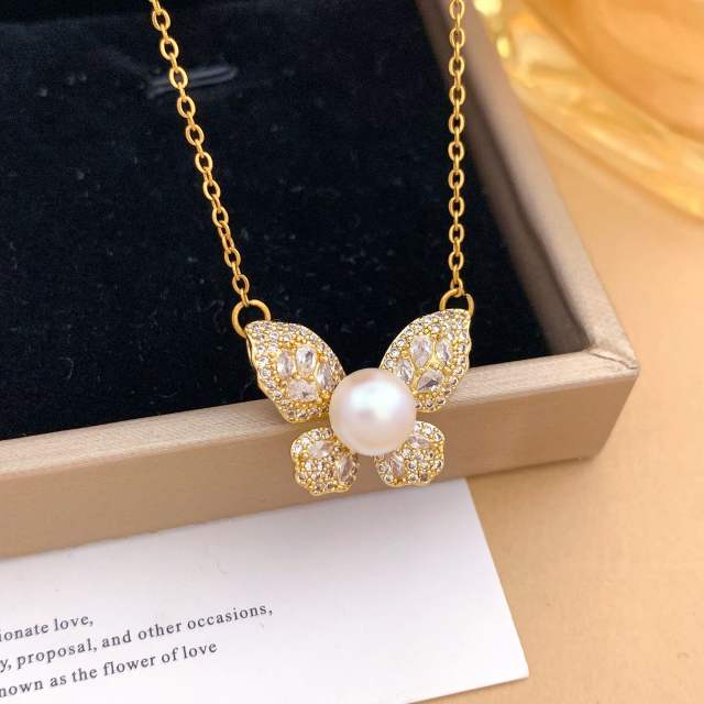 Elegant full diamond bow butterfly pearl inlaid pendant stainless steel chain necklace