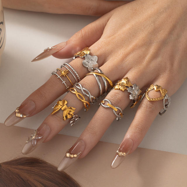 18KG mix color geometric line flower stainless steel rings