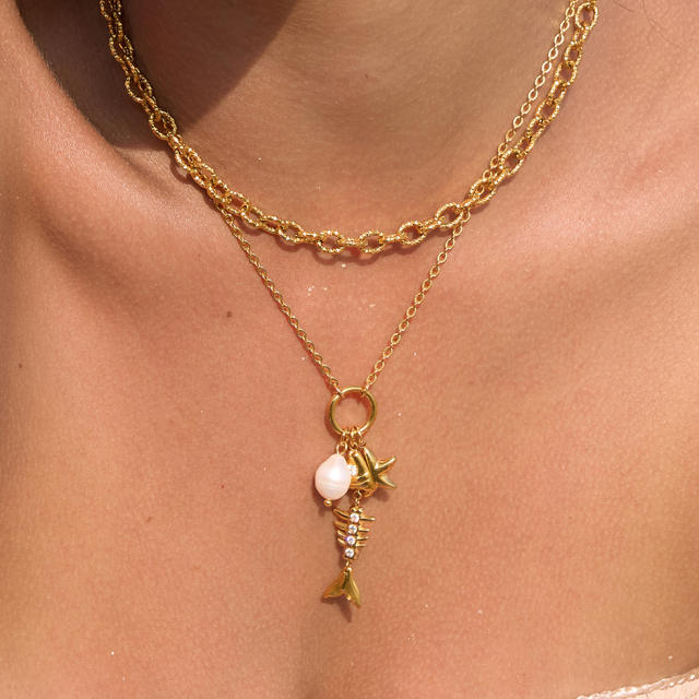Summer holiday beach design fishbone pendant stainless steel necklace earrings set