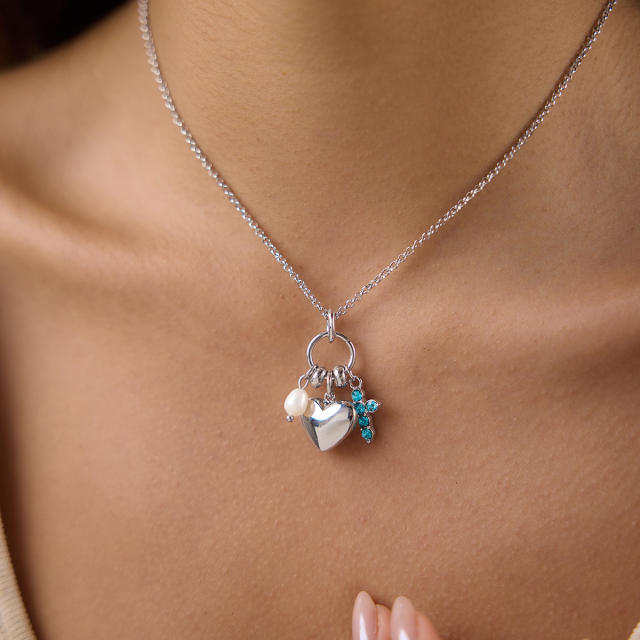 Elegant diamond heart multi pendant stainless steel necklace