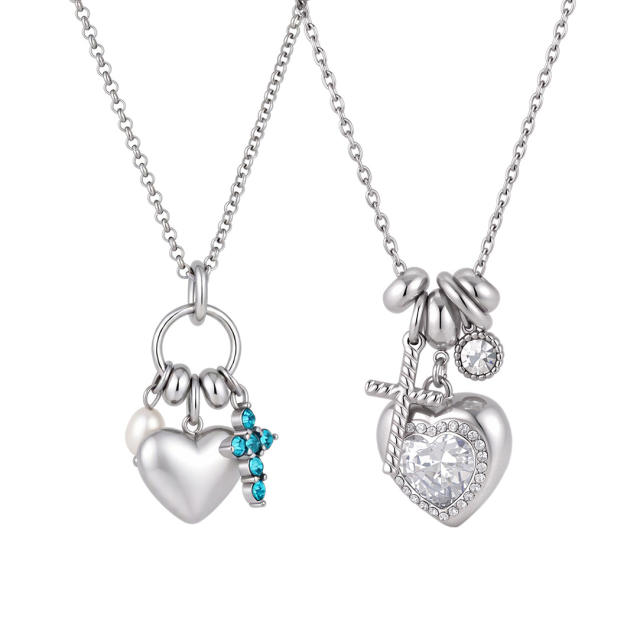 Elegant diamond heart multi pendant stainless steel necklace