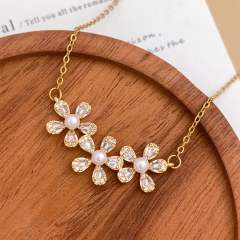 Delicate diamond flower sweet bow pearl drop stainless steel necklace