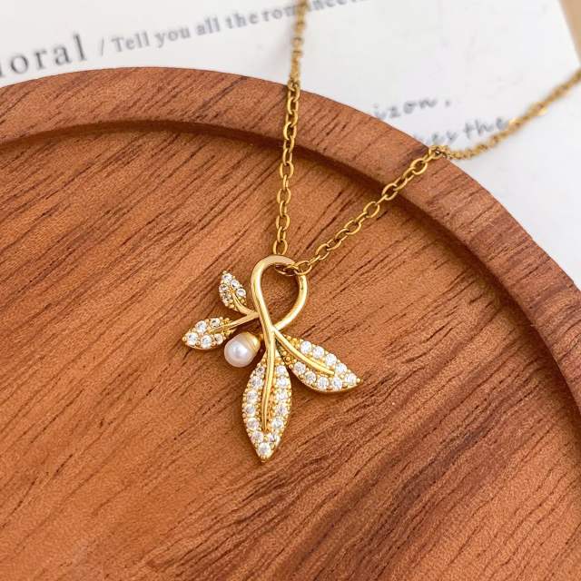 Delicate diamond flower sweet bow pearl drop stainless steel necklace