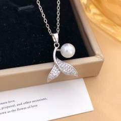 Elegant full diamond bow butterfly pearl inlaid pendant stainless steel chain necklace