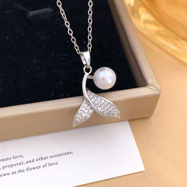 Elegant full diamond bow butterfly pearl inlaid pendant stainless steel chain necklace