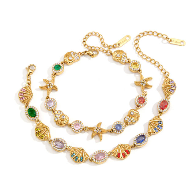 Summer colorful crystal inlaid diamond shell starfish stainless steel bracelet