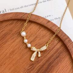Delicate diamond flower sweet bow pearl drop stainless steel necklace