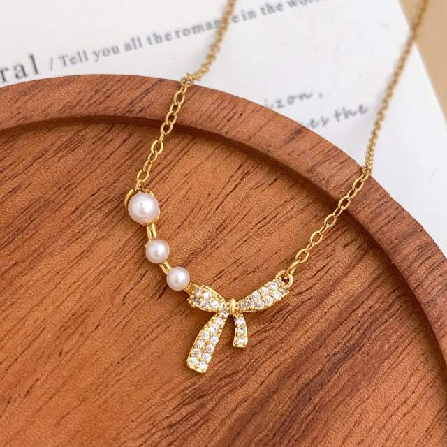 Delicate diamond flower sweet bow pearl drop stainless steel necklace