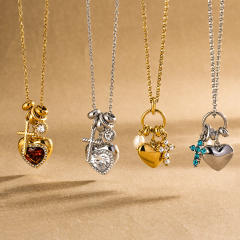 Elegant diamond heart multi pendant stainless steel necklace