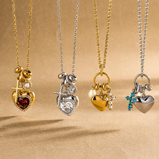 Elegant diamond heart multi pendant stainless steel necklace