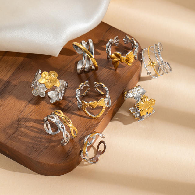 18KG mix color geometric line flower stainless steel rings