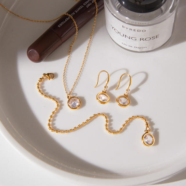 Easy match round diamond stainless steel necklace bracelet set dainty necklace earrings set
