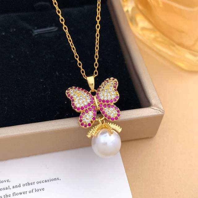 Elegant full diamond bow butterfly pearl inlaid pendant stainless steel chain necklace
