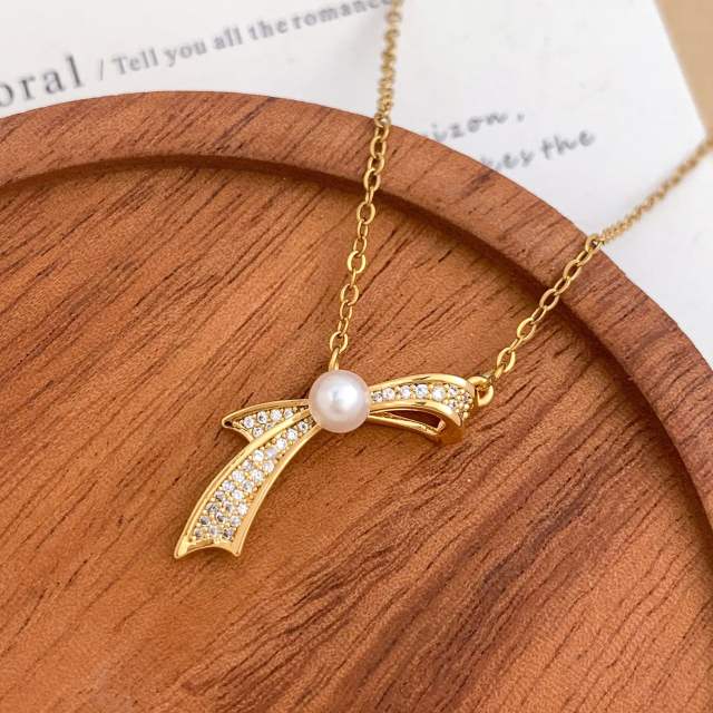Delicate diamond flower sweet bow pearl drop stainless steel necklace