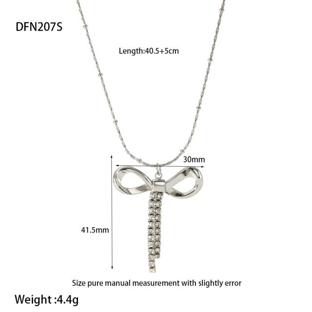 18K Gold-Plated Bowknot Rhinestone Tassel Pendant Stainless Steel Necklace