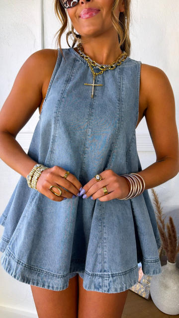 2026 Summer Women's Fashion Casual Loose Sleeveless Denim Shorts Set
