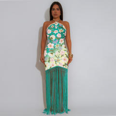 Chinese trend long tassel sleeveless halter neck dress for women