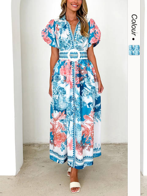 Summer New Fashion Casual Positioning Lace-up Printing Long dress