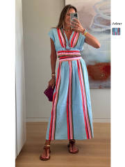 Summer Striped Print Casual Fashion V-Neck Waist-Cinching Ins-Style Skirt Set