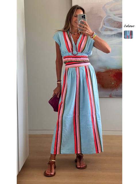 Summer Striped Print Casual Fashion V-Neck Waist-Cinching Ins-Style Skirt Set