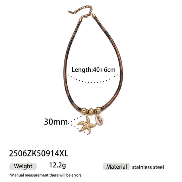 Fashion Ocean Series Pendant Necklace with Leopard Print Leather Cord stainless steel necklace