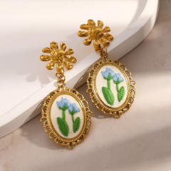 Vintage embroidery flower stainless steel earrings