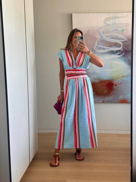 Summer Striped Print Casual Fashion V-Neck Waist-Cinching Ins-Style Skirt Set