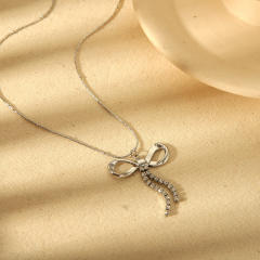18K Gold-Plated Bowknot Rhinestone Tassel Pendant Stainless Steel Necklace
