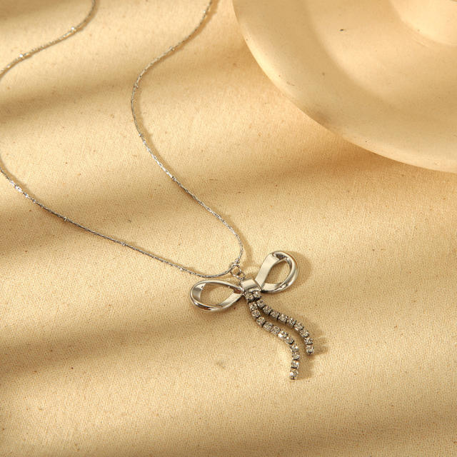 18K Gold-Plated Bowknot Rhinestone Tassel Pendant Stainless Steel Necklace