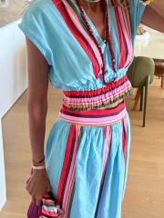 Summer Striped Print Casual Fashion V-Neck Waist-Cinching Ins-Style Skirt Set