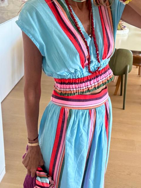 Summer Striped Print Casual Fashion V-Neck Waist-Cinching Ins-Style Skirt Set
