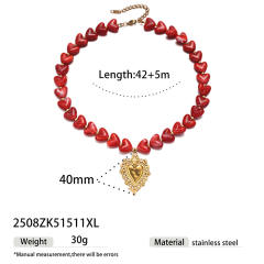 French Retro Palace-Style Acrylic Red Heart Necklace with Cross Pendant stainless steel necklace set