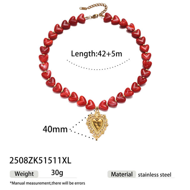 French Retro Palace-Style Acrylic Red Heart Necklace with Cross Pendant stainless steel necklace set